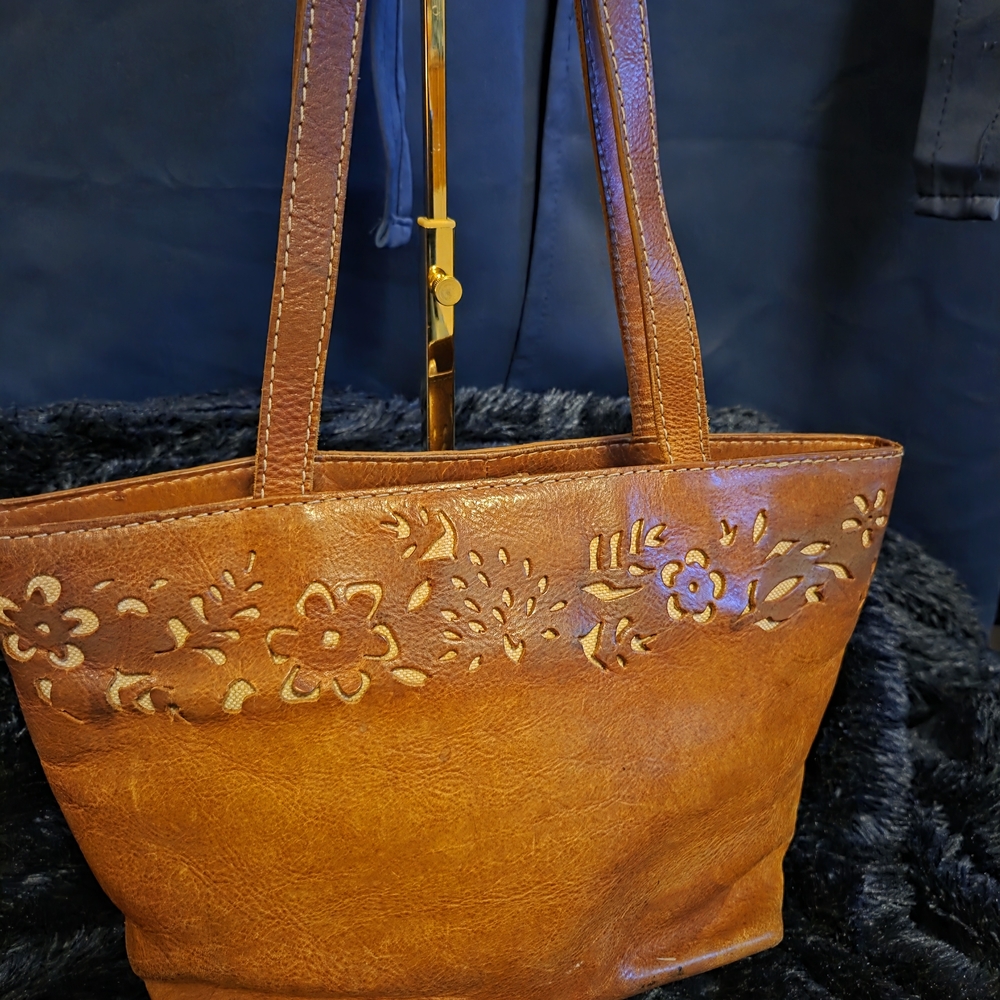 The Sak Cognac Leather Floral Cutout Boho Shoulder Tote Bag
